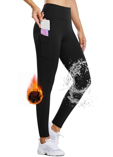 BALEAF Thermo Leggings Damen mit Taschen Wanderleggings Kompression Fitness Hose high Waist Laufhose lang Outdoorhose Wasserabweisend gefütterte Schwarz M von BALEAF