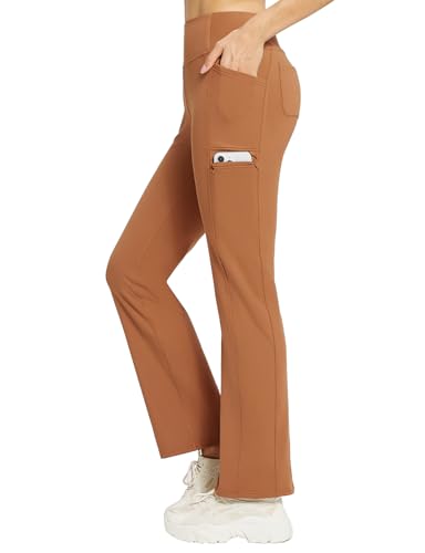 baleaf Damen Thermohosen mit Taschen Flare Leggings Hohe Taille Bootcut Thermo Leggings Sweatpants Winter Yoga Hose Braun XXL von baleaf
