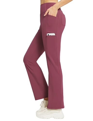baleaf Damen Thermohosen mit Taschen Flare Leggings Hohe Taille Bootcut Thermo Leggings Sweatpants Winter Yoga Hose weinrot XL von baleaf