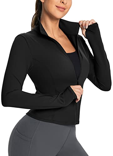 BALEAF Damen Trainingsjacke mit Reißverschluss Weiches Laufen Athletisches Fitnessstudio Yoga Gekürzte Trainingsjacken mit Daumenlöchern Schwarz M von BALEAF