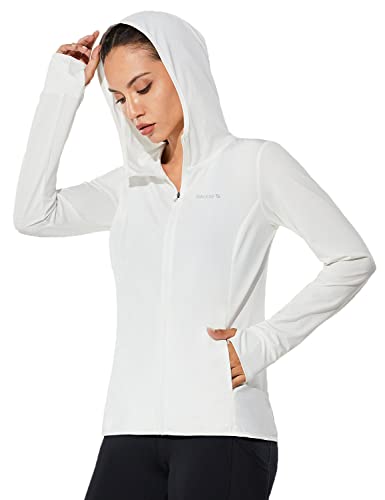 BALEAF Damen UV SPF UPF 50+ Shirt mit Kapuze Sonnenschutz Langarm Shirt Kapuzenjacke mit Reißverschluss Sun Hoodie mit Daumenloch Weiß L von BALEAF