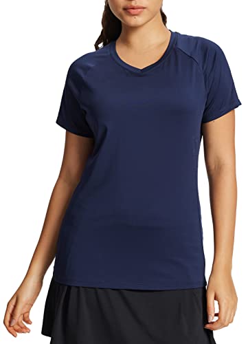 BALEAF Damen V-Ausschnitt Kurzarm Lauf T-Shirt Loose Sport Kurzarm Blau XL von BALEAF