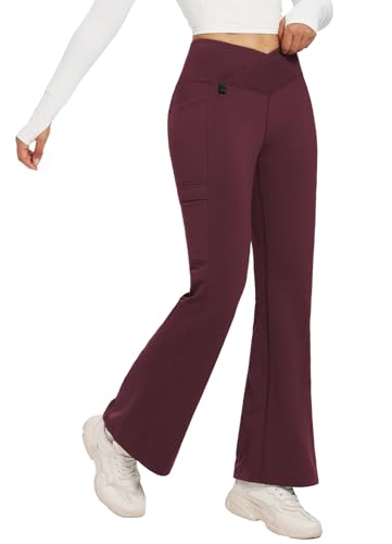 baleaf Damen Wanderhose Themohose Wasserabweisend Outdoorhose Winddicht Thermo Leggings Schlaghose Trekkinghose mit Taschen Weinrot M von baleaf