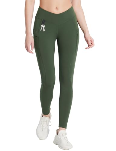 baleaf Damen Thermo Leggings mit Taschen Jeggings Wanderhose Thermohose Winter Wanderleggings Hohe Taille Wasserabweisend Leggings Dunkelarmeegrün XL von baleaf