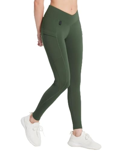 baleaf Damen Wanderleggings Thermo Leggings mit Taschen Thermohose Winter Hohe Taille Wasserabweisend Leggings Dunkelarmeegrün XXL von baleaf