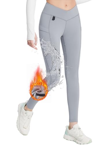 baleaf Damen Wanderleggings Thermo Leggings mit Taschen Thermohose Winter Hohe Taille Wasserabweisend Leggings Grau S von baleaf