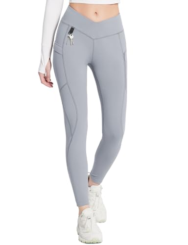 baleaf Damen Thermo Leggings mit Taschen Jeggings Wanderhose Thermohose Winter Wanderleggings Hohe Taille Wasserabweisend Leggings Grau XL von baleaf