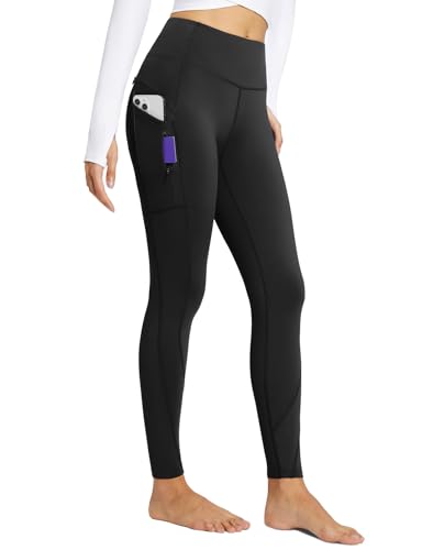 baleaf Damen Thermo Leggings Winter mit Taschen Sport Leggings High Waist Fleece gefüttert Yogahose Outdoor Thermohose Slim Fitness Warm Sporthose Schwarz L von baleaf