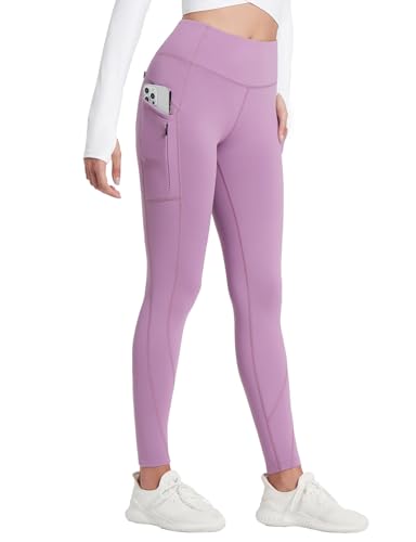 baleaf Damen Thermo Leggings Winter mit Taschen Sport Leggings High Waist Fleece gefüttert Yogahose Outdoor Thermohose Slim Fitness Warm Sporthose Violett M von baleaf