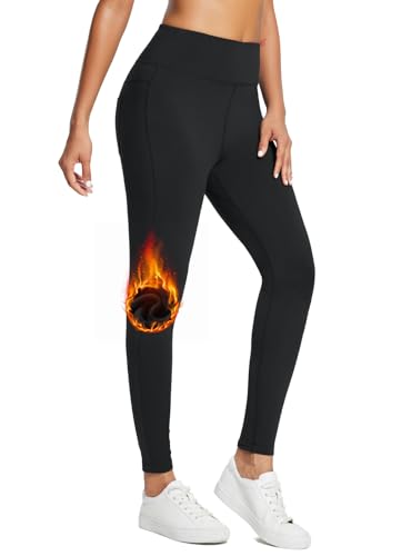 BALEAF Damen Wasserabweisend Leggings gefütterte Thermo Leggings Winter Warm Laufhose Wanderleggings Kompression Fitness Hose Outdoor high Waist Schwarz L von BALEAF