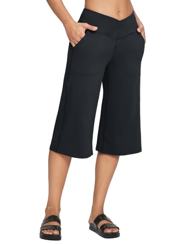 BALEAF Damen Weites Bein Capris Yoga Hose Crossover Hohe Taille Crop Kleid Hose mit Taschen Loose Lounge Casual Sommer Schwarz XXL von baleaf