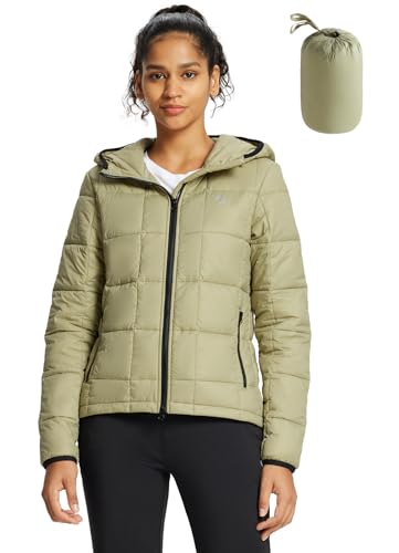 BALEAF Damen Winter Fahrradjacke Daunenjacke Warme Steppjacke Winddicht Winterjacke mit Kapuze Gefüttert Pufferjacke Grün-Khaki L von BALEAF