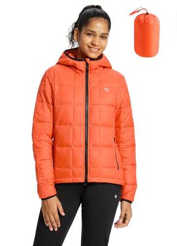 BALEAF Damen Winter Fahrradjacke Daunenjacke Warme Steppjacke Winddicht Winterjacke mit Kapuze Gefüttert Pufferjacke Orange-Rot XL von BALEAF