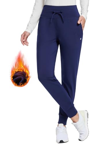 BALEAF Damen Winter Jogginghose wasserdichte Fleece Gefütterte Laufhose Warm Yogahose lang Hohe Taille Warme Winterhose Lauf Yoga Wandern mit Tasche Blau M von BALEAF