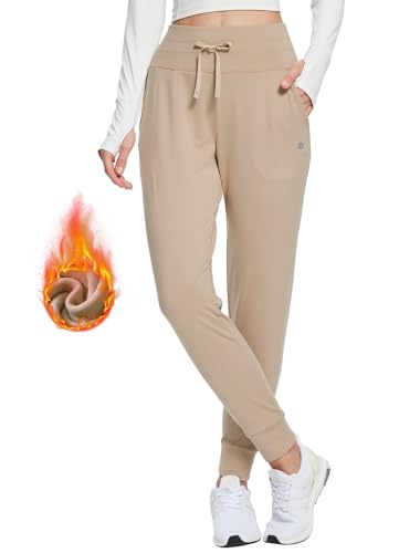 BALEAF Damen Winter Jogginghose wasserdichte Fleece Gefütterte Laufhose Warm Yogahose lang Hohe Taille Warme Winterhose Lauf Yoga Wandern mit Tasche Khaki L von BALEAF