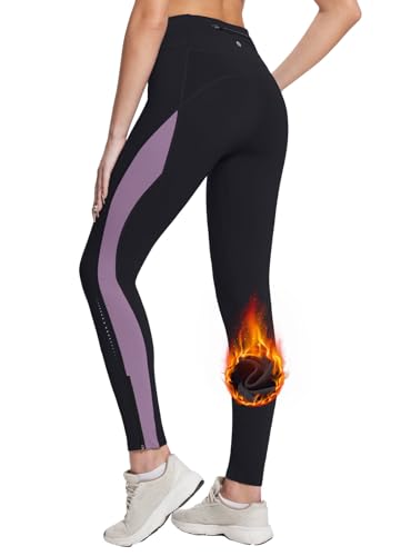 BALEAF Damen Winter Leggings Fleece gefüttert Wasserdicht Strumpfhosen Hoch tailliert Laufen Wandern Hosen Winter Thermoleggings mit Taschen Lila/Schwarz L von BALEAF