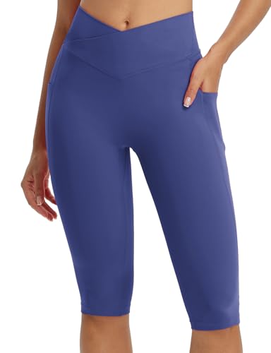 baleaf Damen Yoga Capri Leggings mit Taschen Sport Leggings High Waist Knielange Yogahose Kurze Radlerleggings Slim Fit Gym Casual Sommer Blau M von baleaf