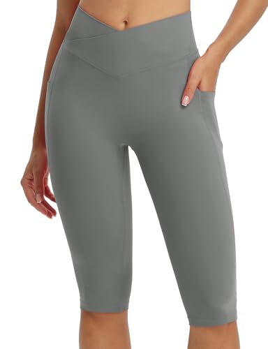 baleaf Damen Yoga Capri Leggings mit Taschen Sport Leggings High Waist Knielange Yogahose Kurze Radlerleggings Slim Fit Gym Casual Sommer Grau M von baleaf