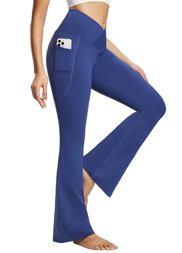 BALEAF Damen Yoga Hose 29 Zoll Bootcut Leggings mit V-Crossover Taille Stretchy Gym Hose mit Taschen XS-3XL Blau L von BALEAF