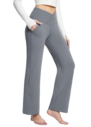 BALEAF Damen Yoga Hosen V Crossover Hohe Taille Gym Flare Hosen mit Taschen Tummy Control Bootleg Hosen für Freizeit Arbeit Grau XS BALEAF Damen Yoga Hosen V Crossover Hohe Taille Gym Flare Hosen mit Taschen Tummy Control Bootleg Hosen für Freizeit Arbeit Grau XS von baleaf