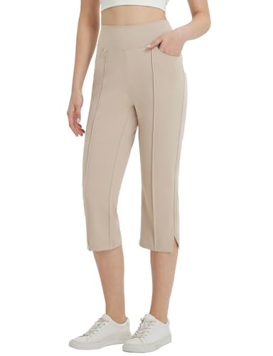 baleaf Damen Yogahose High Waist mit Taschen gerades Bein 3/4 Yoga Hosen Casual Workout Freizeithose Khaki L von baleaf