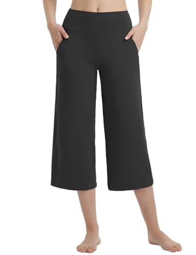 baleaf Damen Yogahose Weites Bein Caprihose Damen Sommer mit Taschen High Waist 3/4 Straighthose Arbeiten Casual Lounge Sporthose Workout Jogginghose Schwarz XL von baleaf