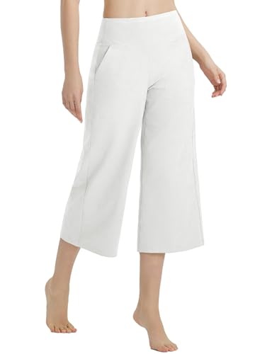 baleaf Damen Yogahose Weites Bein Caprihose Damen Sommer mit Taschen High Waist 3/4 Straighthose Arbeiten Casual Lounge Sporthose Workout Jogginghose Weiß XXL von baleaf