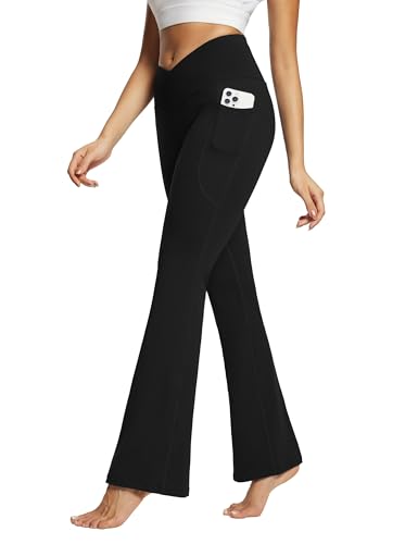 baleaf Damen Yogahose mit Taschen Schlaghose Stoff Flare Leggings Bauchkontrolle Sporthose Stretch Hohe Taille Schwarz 32" XL von baleaf