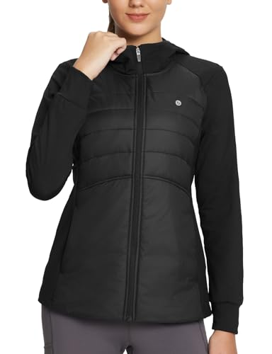 baleaf Damen isoliert Laufjacken Wasserdicht Puffer Hybrid Daunen Winterjacke Wandern Reißverschlusstaschen mit Hoodie Schwarz XXL von baleaf