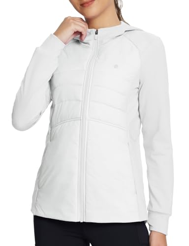 baleaf Damen isoliert Laufjacken Wasserdicht Puffer Hybrid Daunen Winterjacke Wandern Reißverschlusstaschen mit Hoodie Weiß XL von baleaf