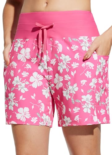 BALEAF Frauen 5" Badeshorts Hohe Taille Badeanzüge Bottoms Moderner Badeanzug Strand Trunks Schnelltrocknende Bademode Rosa Weiße Blumen L von BALEAF