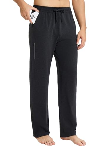 BALEAF Herren Breite Jogginghose Baumwolle Freizeithose Gerades Bein Sporthose Herren Lang Yogahose Klassische Trainingshose mit Taschen Dunkelgrau L von BALEAF