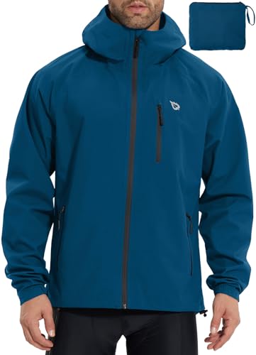 baleaf Herren Fahrradjacke Regenjacke Wasserdicht Windbreaker mit Kapuze 10000mm H2O Wasserdicht Laufjacke Atmungsaktiv Wanderjacke Marineblau XL von baleaf