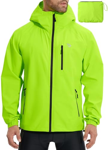 baleaf Herren Fahrradjacke Regenjacke Wasserdicht Windbreaker mit Kapuze 10000mm H2O Wasserdicht Laufjacke Atmungsaktiv Wanderjacke Reflektierend Grün XL von baleaf