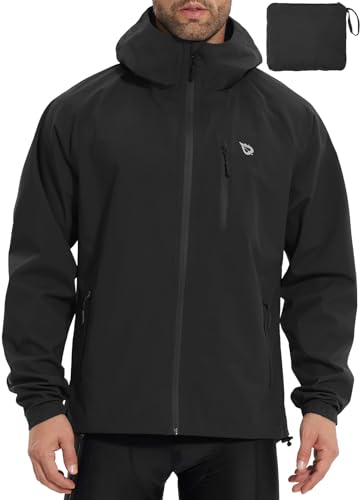 BALEAF Herren Fahrradjacke Regenjacke Wasserdicht Windbreaker mit Kapuze 10000mm H2O Wasserdicht Laufjacke Atmungsaktiv Wanderjacke Schwarz L von BALEAF