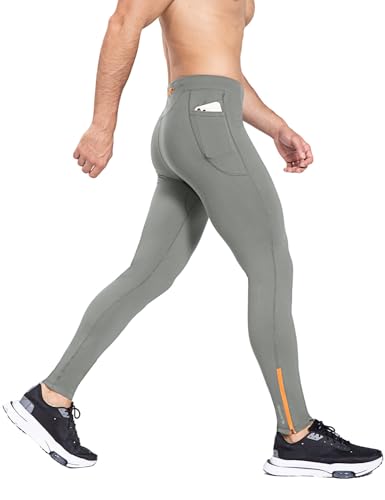 BALEAF Herren Winter Kompressionshose Lang Wasserabweisend Thermo Laufhose Lauftights Sporthose mit Reißverschlusstasche Grau XXL von BALEAF