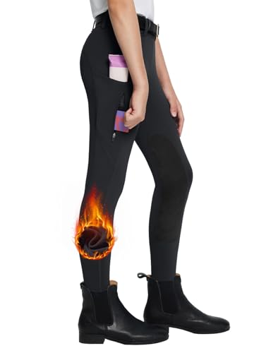 baleaf Kinder Reithose Mädchen Reitleggings Vollbesatz-Reithose Fleece-Pferde-Reithose Leggings Taschen Strumpfhose Schwarz S von baleaf