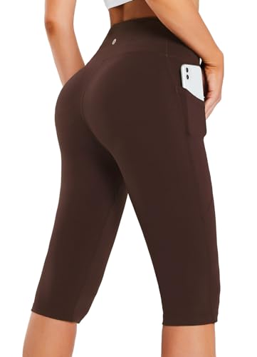 baleaf Knielange Kurze Leggings Damen Yogahose kurz high Waist Yoga Radlerleggings Sport Sommer mit Taschen Braun M von baleaf