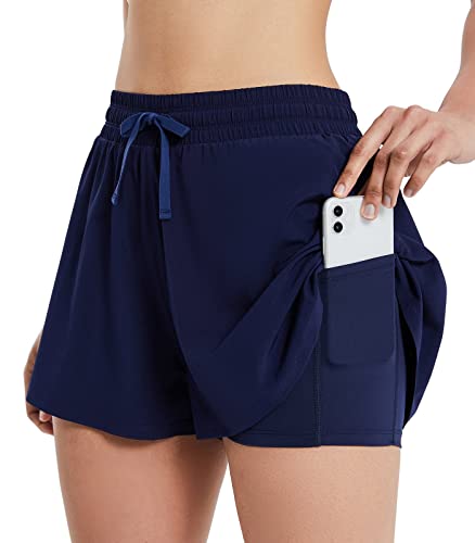 BALEAF Laufhose Damen Kurz 2 in 1 Laufshorts Schnell Trocknende Sport Shorts mit Innenhose für Sommer Navy M von BALEAF