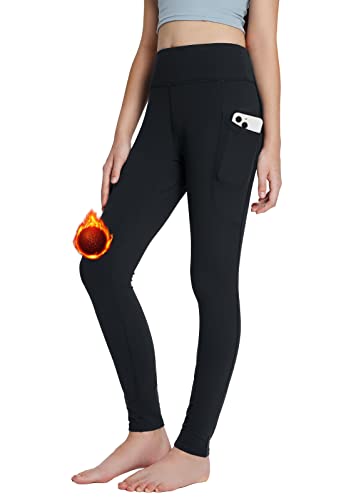 BALEAF Mädchen Leggings High Waist gefüttert Yogahose wasserabweichend Jogginghose Winter Warm für Yoga Outdoor Alltag Schwarz XS von BALEAF