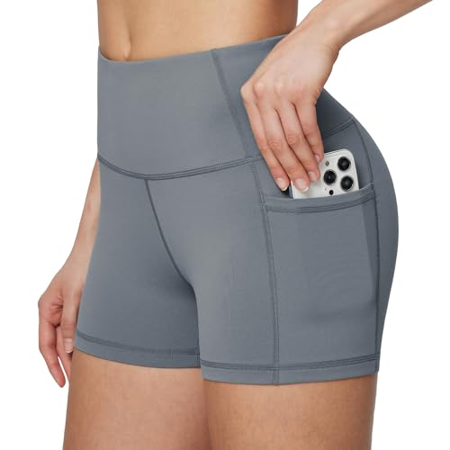 BALEAF Radlerhose Damen kurz Shorts Sommer Sport Shorts eng kurz Yogahose kurz Laufshorts mit Handytasche Sportleggings high Waist Grau L von BALEAF