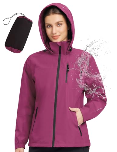 baleaf Regenjacke Damen Wasserdicht Atmungsaktiv Wanderjacke Outdoorjacke Fahrradjacke mit Kapuze Funktionsjacke Übergangsjacke Raincoat Windbreaker Rosa XXL von baleaf