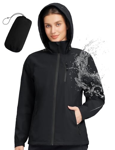 baleaf Regenjacke Damen Wasserdicht Atmungsaktiv Wanderjacke Outdoorjacke Fahrradjacke mit Kapuze Funktionsjacke Übergangsjacke Raincoat Windbreaker Schwarz XL von baleaf