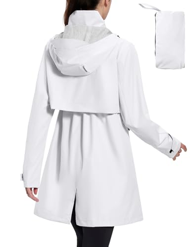 baleaf Regenmantel Damen Lang Wasserdicht Regenjacke Trenchcoat mit Taschen Windbreaker Leicht Regenponcho Packbare Funktionsjacke Raincoat Wandermäntel Weiß XL von baleaf