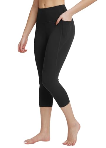 baleaf Sport Leggings Tasche Damen Caprihose Sommer 3/4 Kurze Sporthose 7/8 Blickdicht Leggings high Waist Yogahose Laufhose Fitnesshose Gym 7/8 Trainingshose AtmungsaktivSchwarz M von baleaf