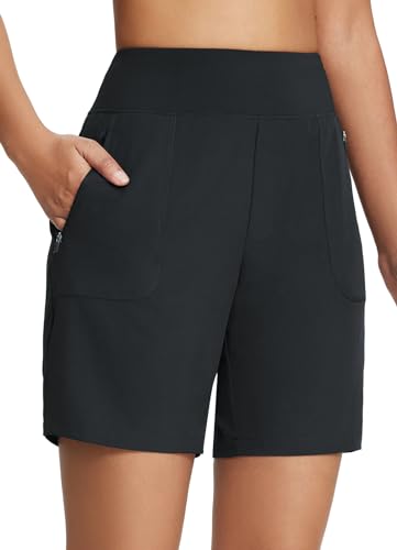 baleaf Sporthose Damen kurz 7" Laufhose kurz Sportshorts mit Handytasche Sommershorts Schnelltrocknend Bermuda Shorts Knielange Running Shorts high Waist Trainingsshorts Gym Outdoor Schwarz XL von baleaf
