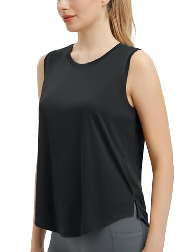 baleaf Sportshirt Damen Kurzarm Sport Top Atmungsaktiv Laufshirt Lang Gym Shirts Loose Fit Tennis Running Sports UPF 50+ Schwarz L von baleaf