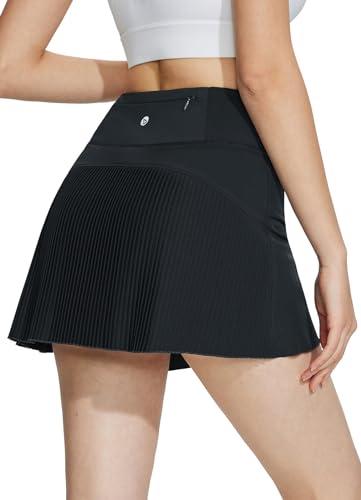 BALEAF Tennisrock Damen mit Hose Rock Damen Sommer Plisseerock kurz Golfrock mit innenhose Sportrock Schwarz M von BALEAF