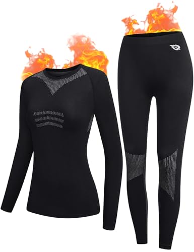 BALEAF Thermal Unterwäsche Damen Ski Base Layer Sets Schnell-Dry Atmungsaktive Damen Thermal Unterwäsche für Laufen Radfahren Schwarz L von BALEAF