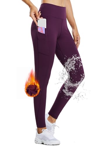 BALEAF Thermo Leggings Damen mit Taschen Wanderleggings Kompression Fitness Hose high Waist Laufhose lang Outdoorhose Wasserabweisend gefütterte Deep Lila M von BALEAF